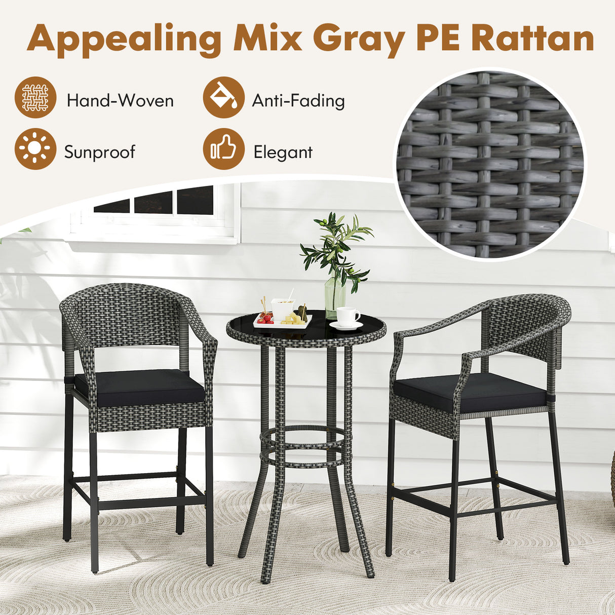 3-Piece Patio Rattan Bar Set with Tempered Glass Top for Backyard Poolside-Gray