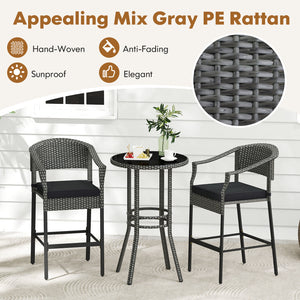 3-Piece Patio Rattan Bar Set with Tempered Glass Top for Backyard Poolside-Gray