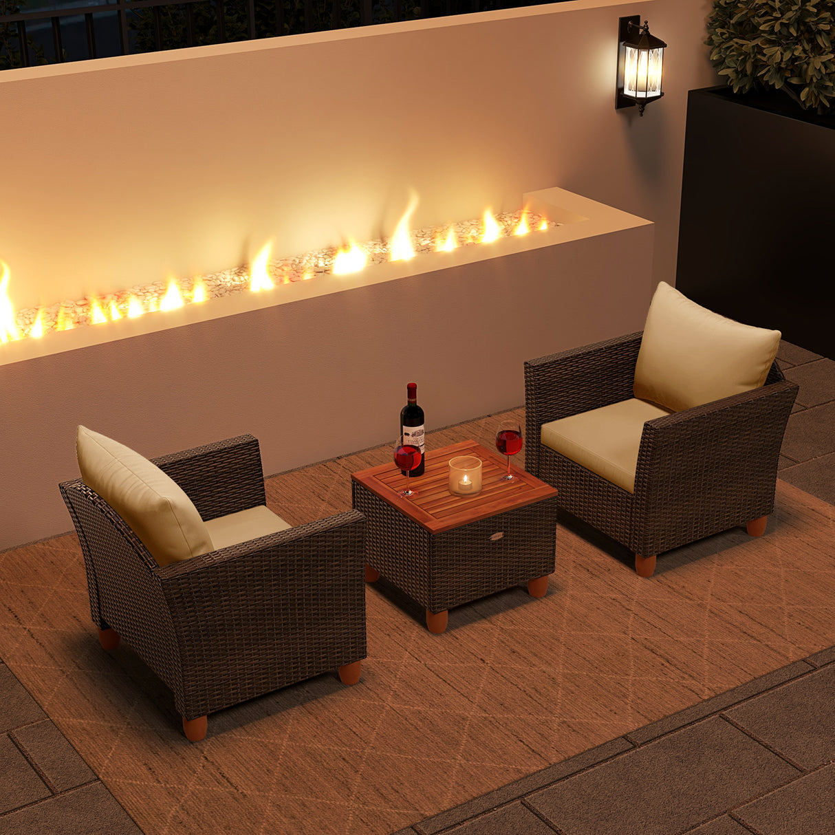3 Pieces Patio Rattan Bistro Furniture Set with Wooden Table Top-Beige