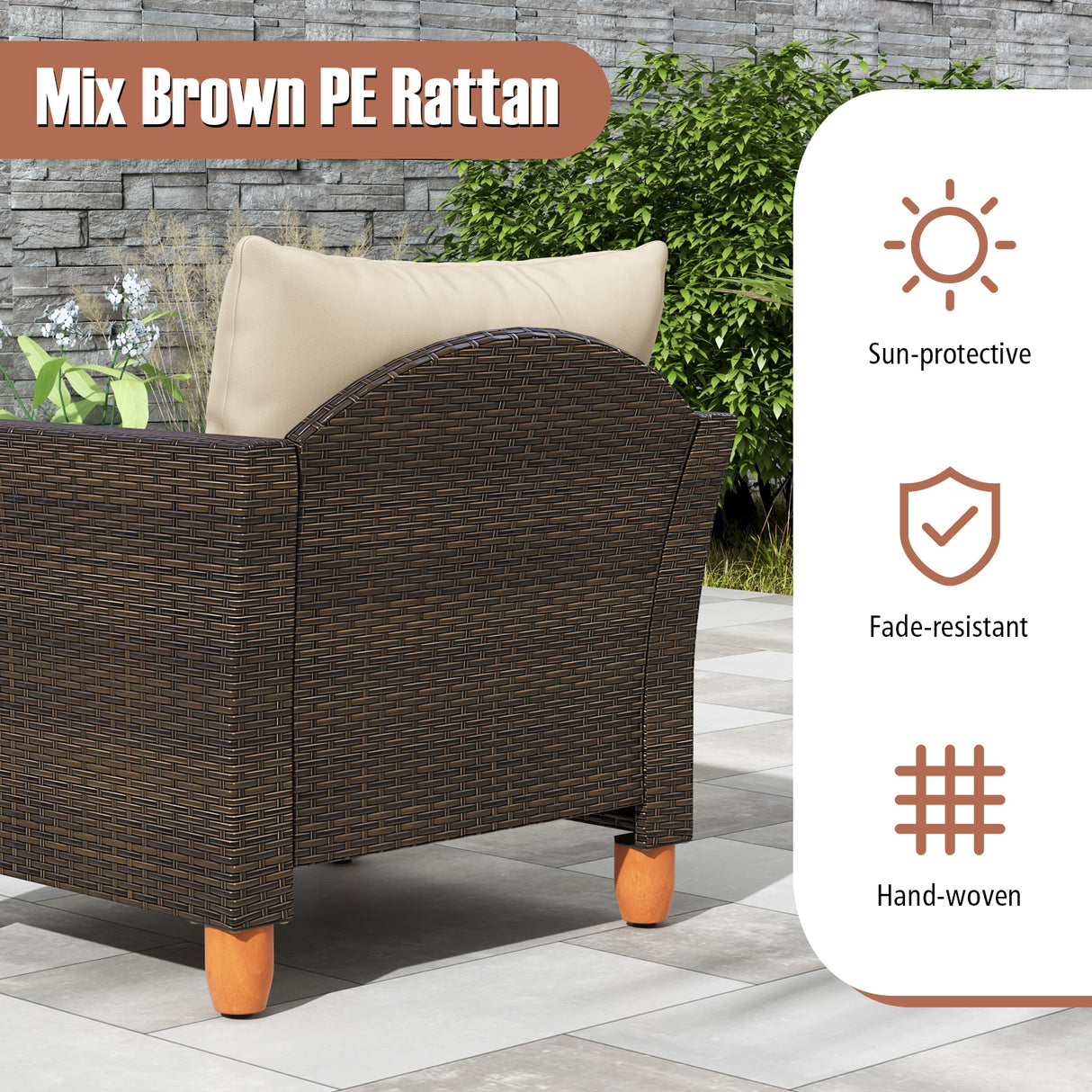 3 Pieces Patio Rattan Bistro Furniture Set with Wooden Table Top-Beige