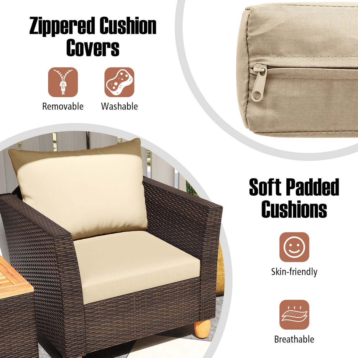 3 Pieces Patio Rattan Bistro Furniture Set with Wooden Table Top-Beige