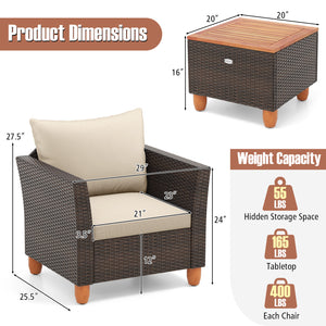 3 Pieces Patio Rattan Bistro Furniture Set with Wooden Table Top-Beige