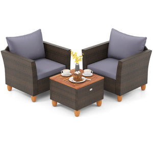 3 Pieces Patio Rattan Bistro Furniture Set with Wooden Table Top-Gray