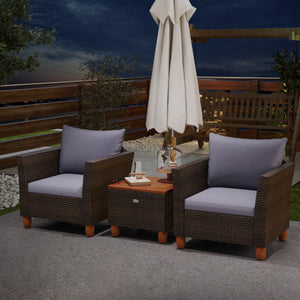 3 Pieces Patio Rattan Bistro Furniture Set with Wooden Table Top-Gray