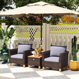 3 Pieces Patio Rattan Bistro Furniture Set with Wooden Table Top-Gray