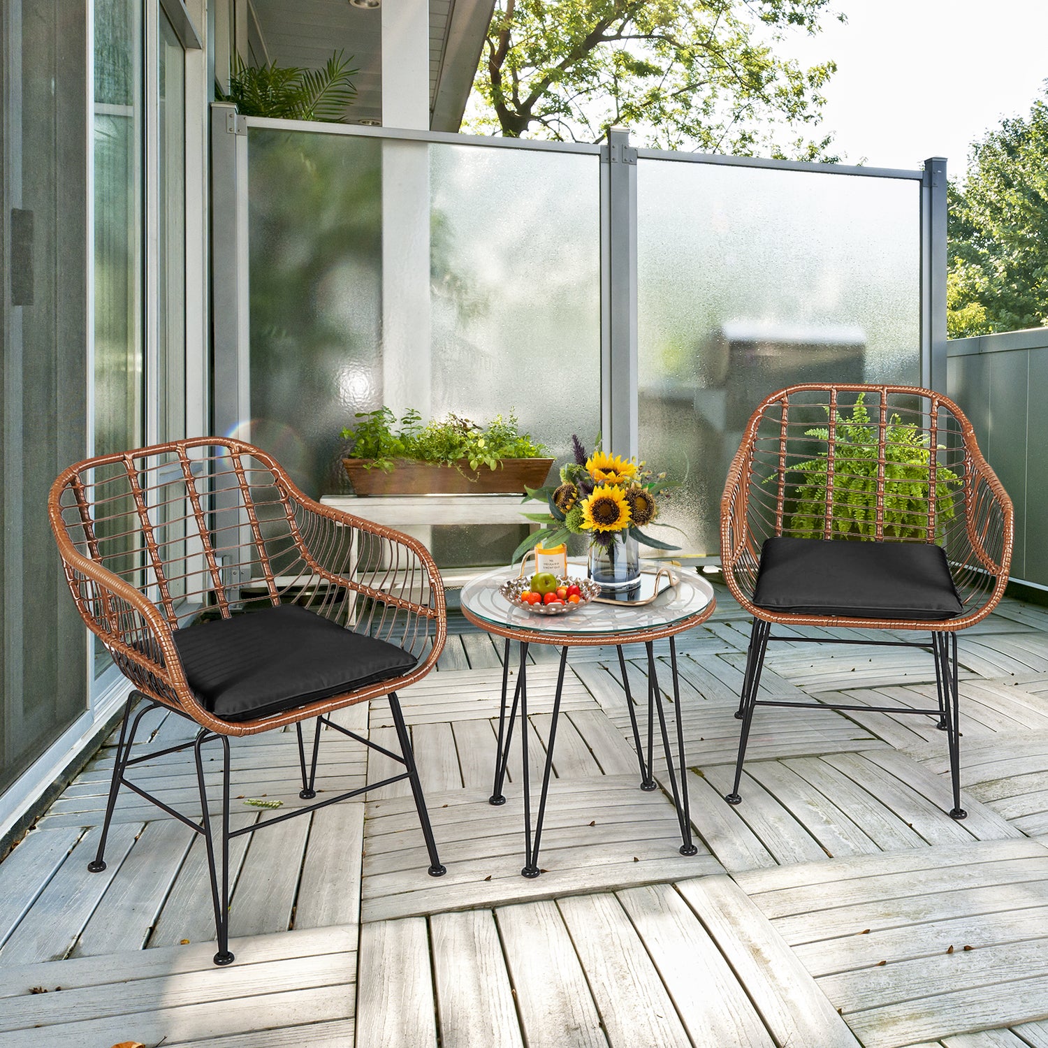 3 Pieces Patio Rattan Bistro Set with Cushion-Black