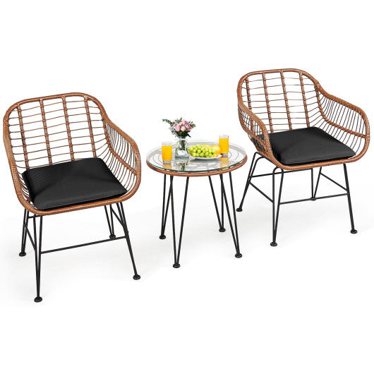 3 Pieces Patio Rattan Bistro Set with Cushion-Black