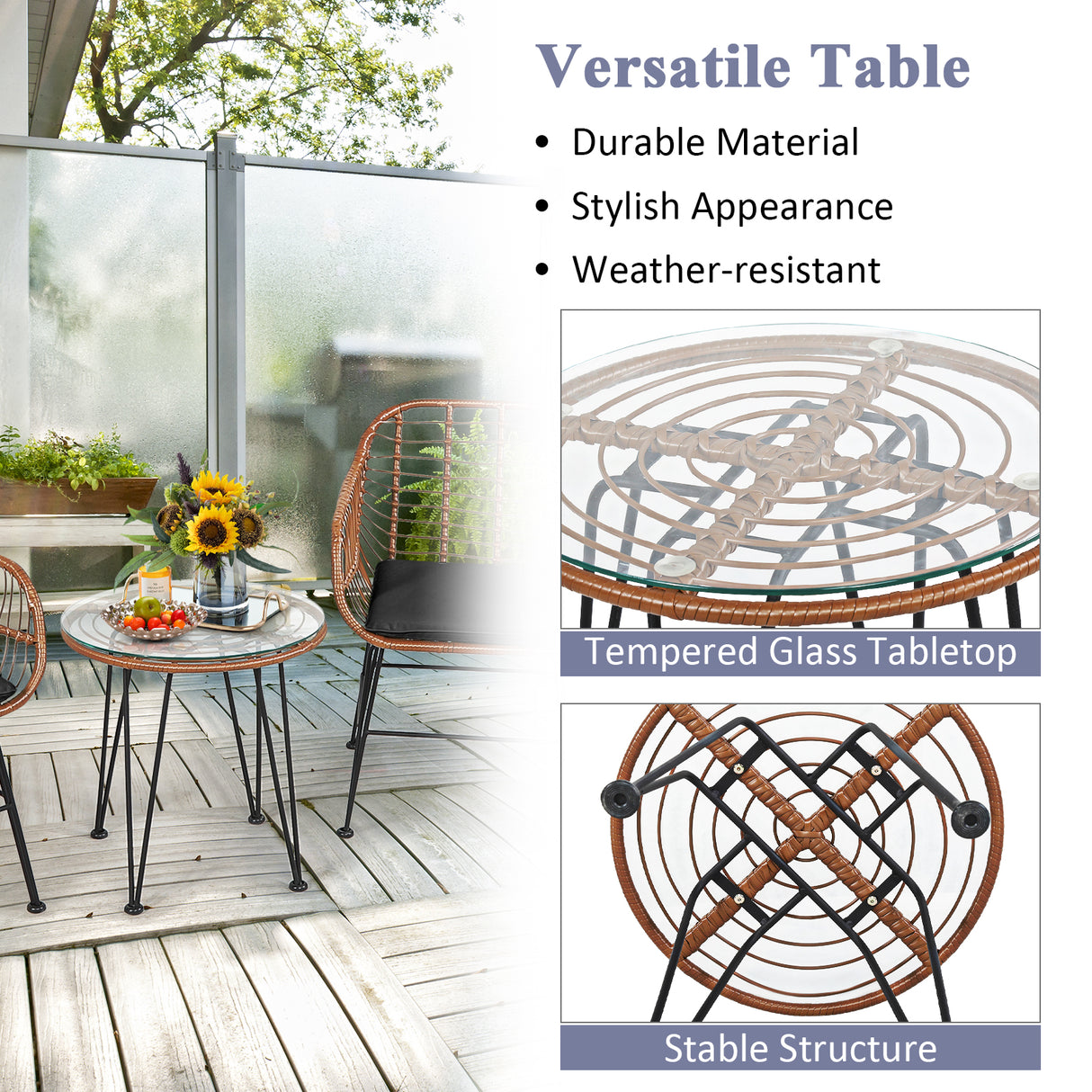 3 Pieces Patio Rattan Bistro Set with Cushion-Black