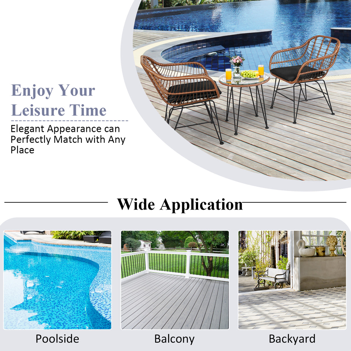 3 Pieces Patio Rattan Bistro Set with Cushion-Black