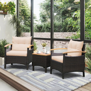 3 Pieces Patio Rattan Furniture Set with Removable Cushions-Beige
