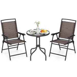 3 Pieces Patio Round Table and Folding Chairs Set with Rippled Tempered Glass Tabletop
