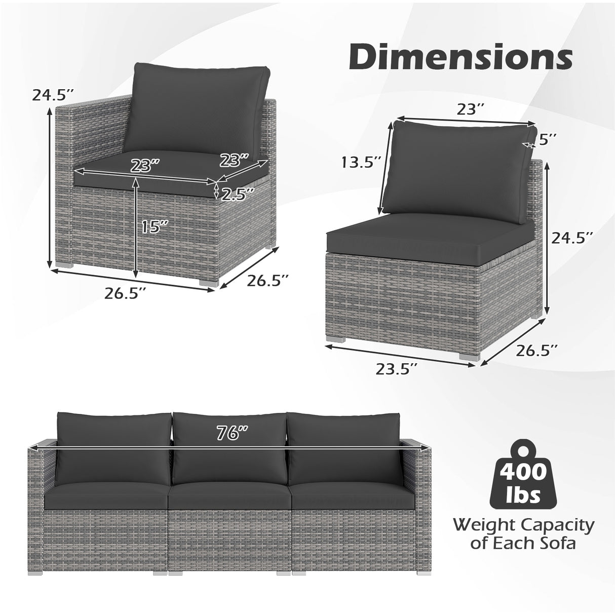 3 Pieces Patio Sectional Sofa Set PE Rattan Modular Couch Furniture Set with Soft Cushions-Black