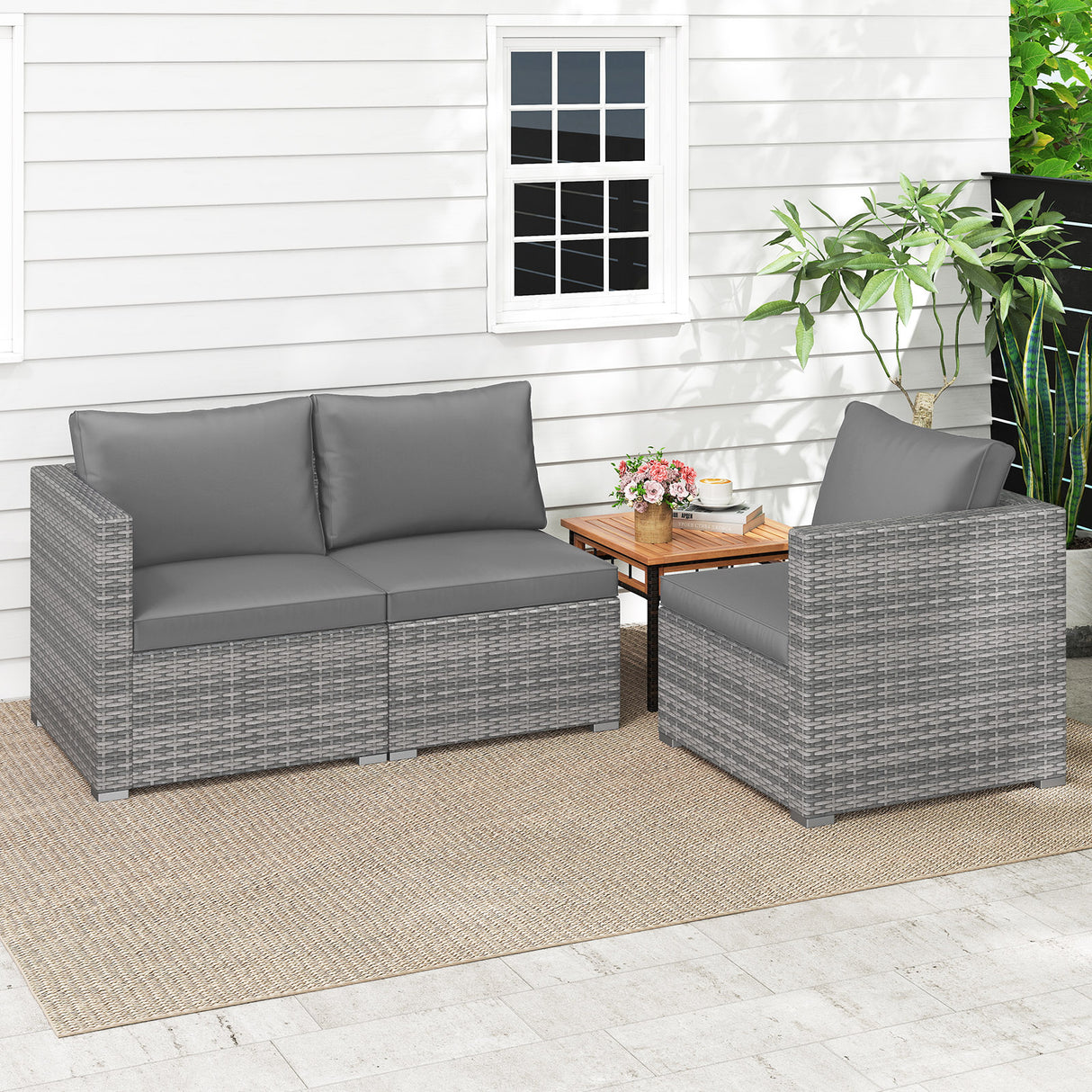 3 Pieces Patio Sectional Sofa Set PE Rattan Modular Couch Furniture Set with Soft Cushions-Gray