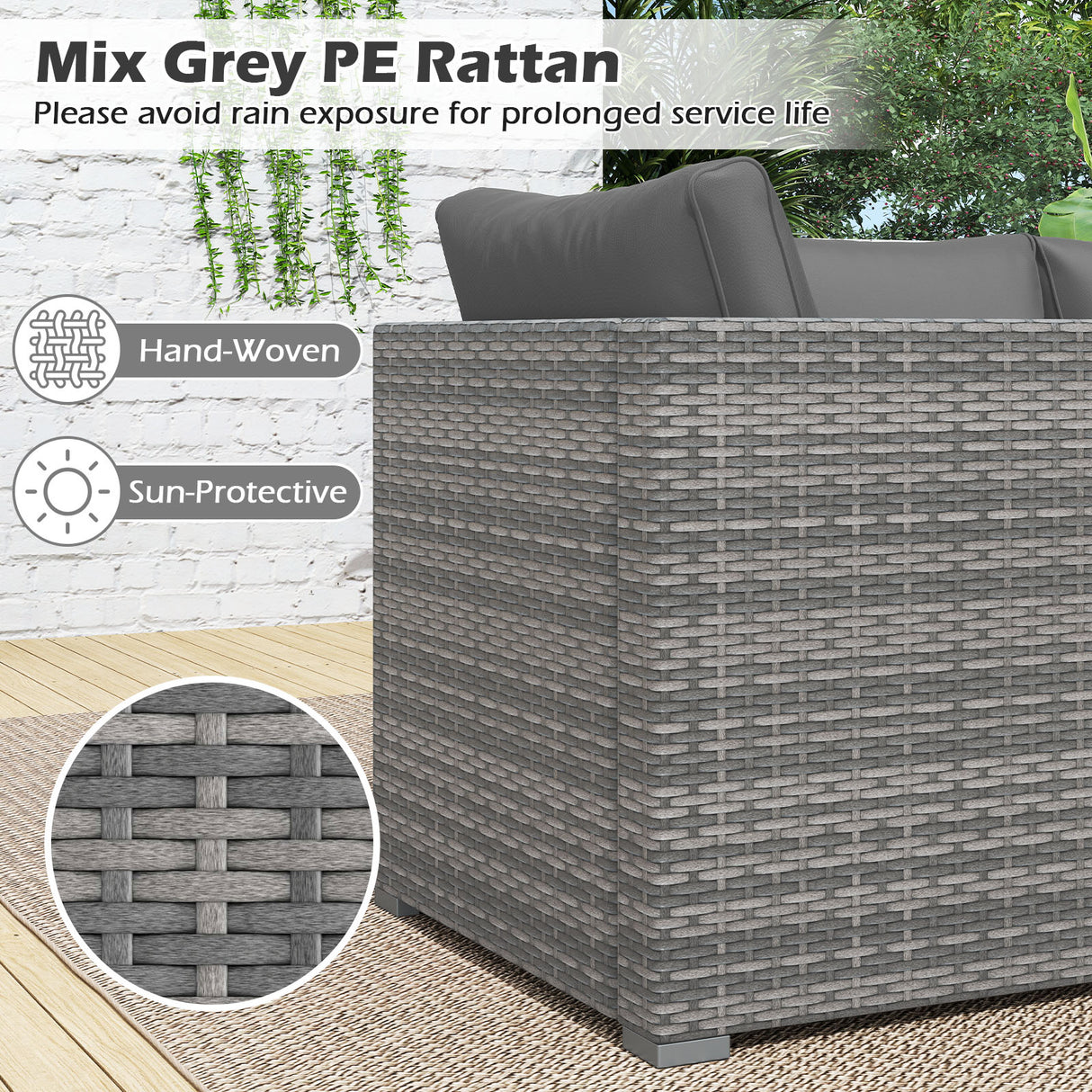 3 Pieces Patio Sectional Sofa Set PE Rattan Modular Couch Furniture Set with Soft Cushions-Gray