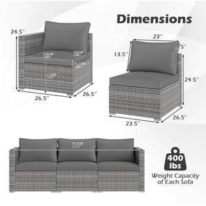 3 Pieces Patio Sectional Sofa Set PE Rattan Modular Couch Furniture Set with Soft Cushions-Gray