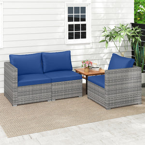 3 Pieces Patio Sectional Sofa Set PE Rattan Modular Couch Furniture Set with Soft Cushions-Navy