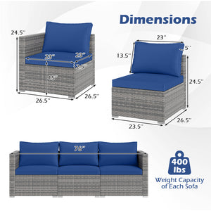 3 Pieces Patio Sectional Sofa Set PE Rattan Modular Couch Furniture Set with Soft Cushions-Navy