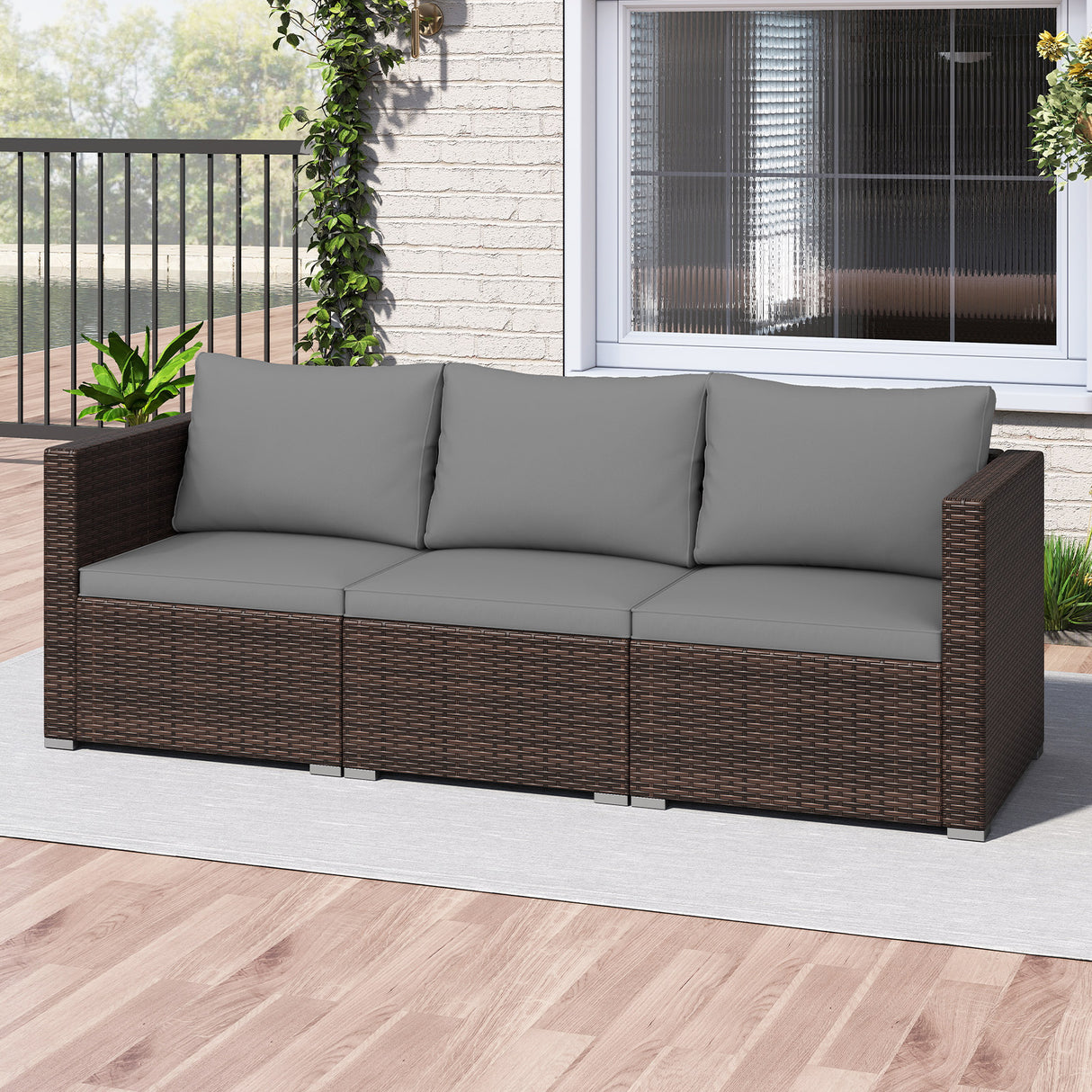 3 Pieces Patio Sectional Sofa Set with Soft Cushions-Gray