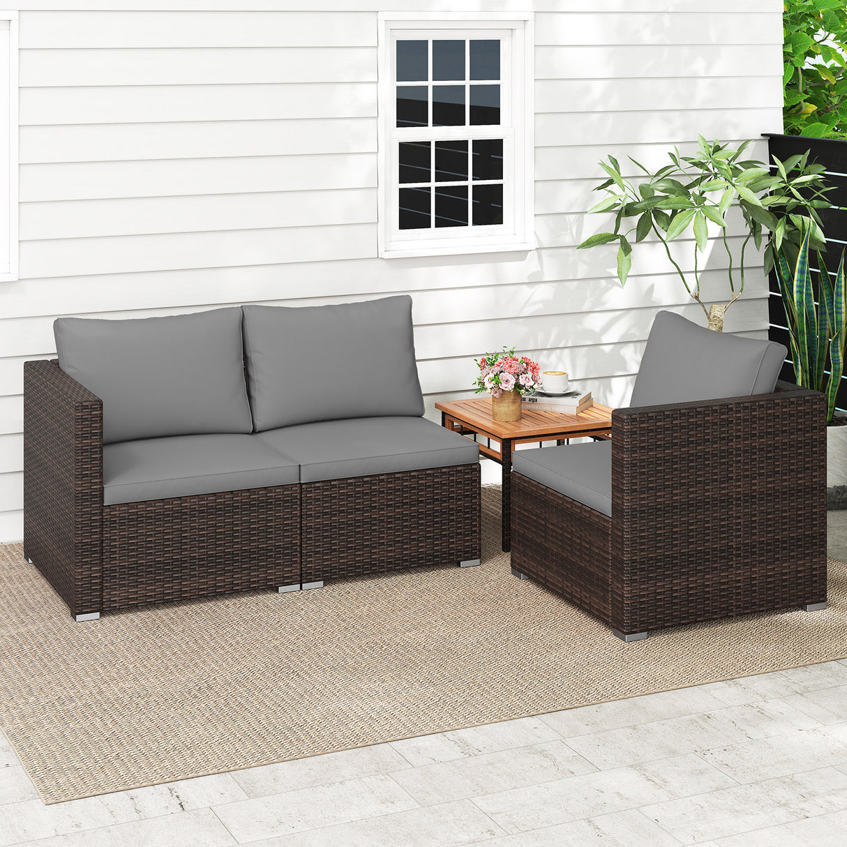 3 Pieces Patio Sectional Sofa Set with Soft Cushions-Gray
