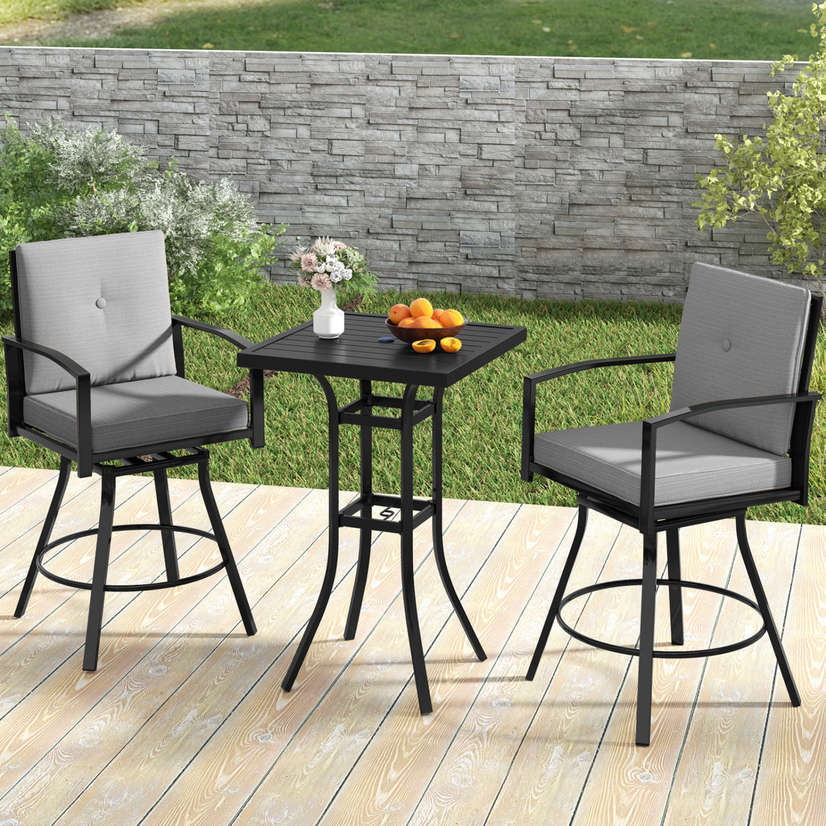 3 Pieces Patio Swivel Bar Set with Soft Cushions and Umbrella Hole-Gray