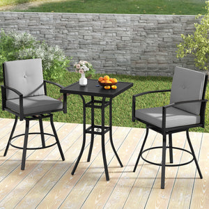 3 Pieces Patio Swivel Bar Set with Soft Cushions and Umbrella Hole-Gray