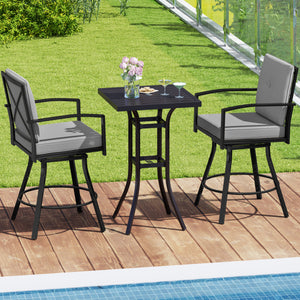 3 Pieces Patio Swivel Bar Set with Soft Cushions and Umbrella Hole-Gray