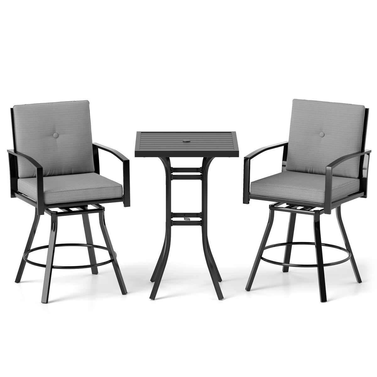 3 Pieces Patio Swivel Bar Set with Soft Cushions and Umbrella Hole-Gray
