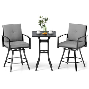 3 Pieces Patio Swivel Bar Set with Soft Cushions and Umbrella Hole-Gray