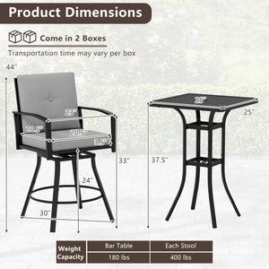 3 Pieces Patio Swivel Bar Set with Soft Cushions and Umbrella Hole-Gray