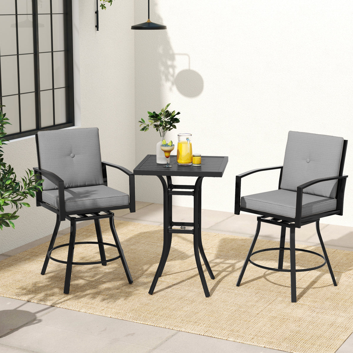 3 Pieces Patio Swivel Bar Set with Soft Cushions and Umbrella Hole-Gray