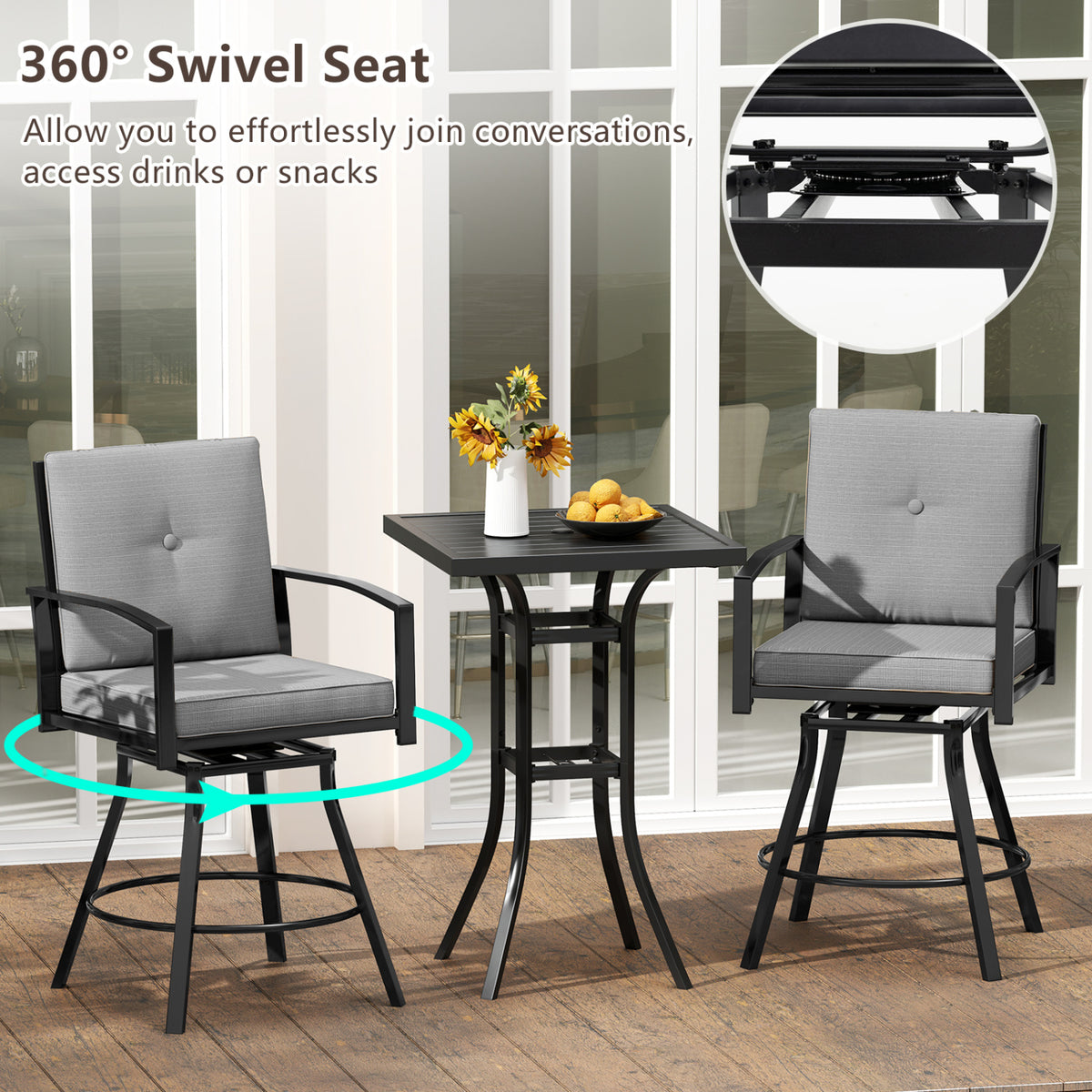 3 Pieces Patio Swivel Bar Set with Soft Cushions and Umbrella Hole-Gray