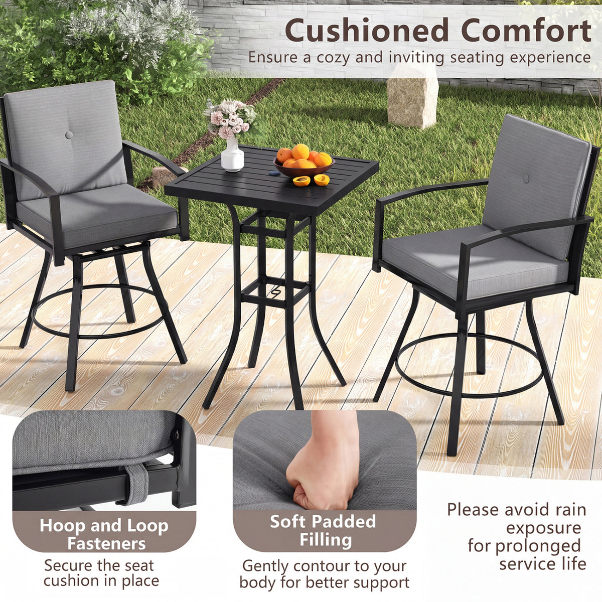 3 Pieces Patio Swivel Bar Set with Soft Cushions and Umbrella Hole-Gray