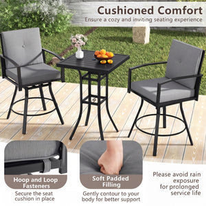 3 Pieces Patio Swivel Bar Set with Soft Cushions and Umbrella Hole-Gray