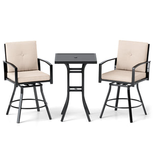 3 Pieces Patio Swivel Bar Set with Soft Cushions and Umbrella Hole-Beige