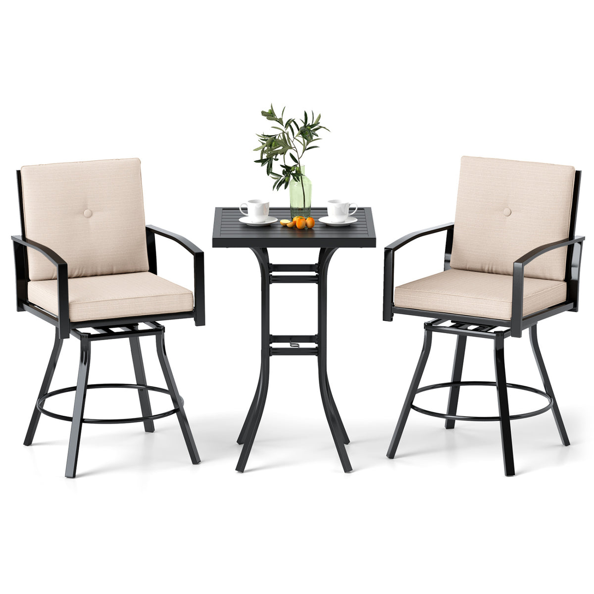 3 Pieces Patio Swivel Bar Set with Soft Cushions and Umbrella Hole-Beige