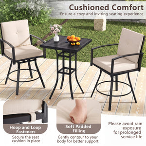 3 Pieces Patio Swivel Bar Set with Soft Cushions and Umbrella Hole-Beige