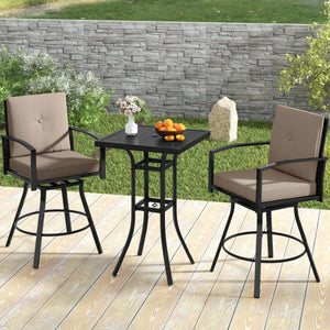 3 Pieces Patio Swivel Bar Set with Soft Cushions and Umbrella Hole-Brown
