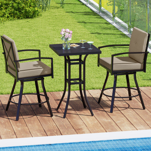 3 Pieces Patio Swivel Bar Set with Soft Cushions and Umbrella Hole-Brown