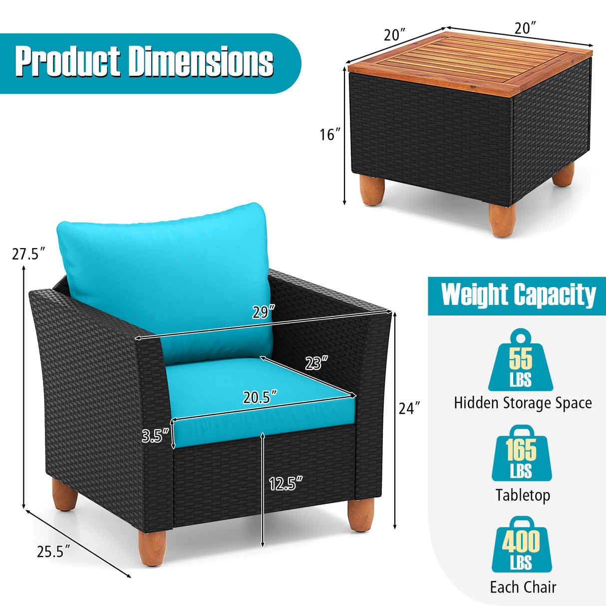 3 Pieces Outdoor Patio Rattan Furniture Set-Navy