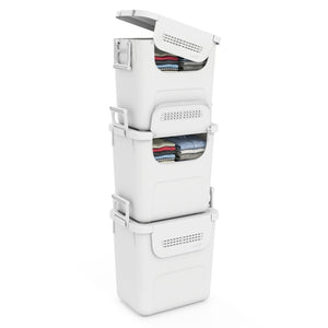 3 Pieces Plastic Storage Bins Stackable with Front Door and Side Handles-White