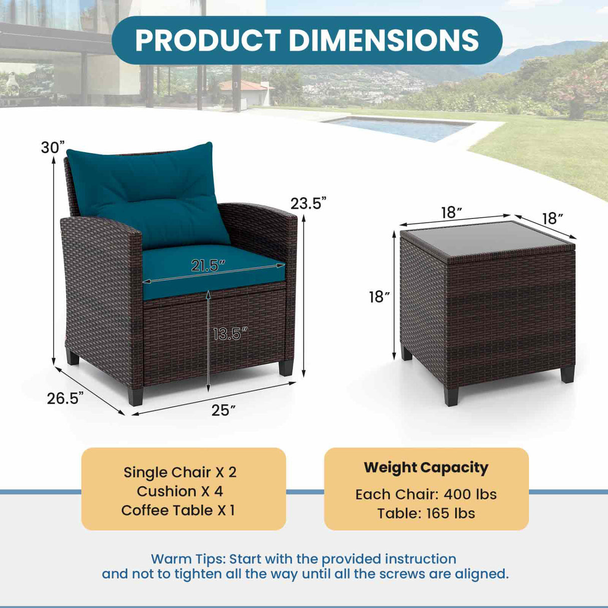3 Pieces Rattan Patio Furniture Set with Washable Cushion-Peacock Blue