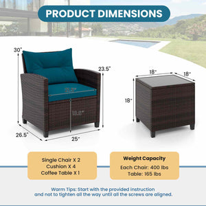 3 Pieces Rattan Patio Furniture Set with Washable Cushion-Peacock Blue