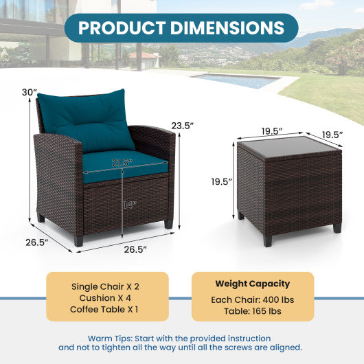 3 Pieces Rattan Patio Furniture Set with Washable Cushion-Peacock Blue