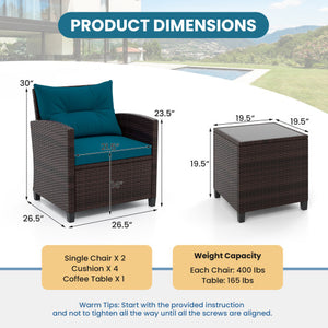 3 Pieces Rattan Patio Furniture Set with Washable Cushion-Peacock Blue