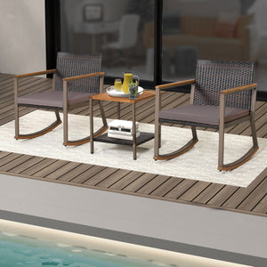3 Pieces Rattan Rocking Bistro Set with Coffee Table and Cushions-Gray