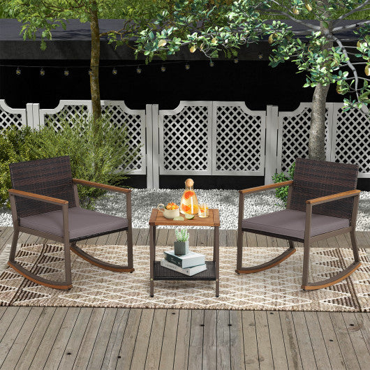 3 Pieces Rattan Rocking Bistro Set with Coffee Table and Cushions-Gray