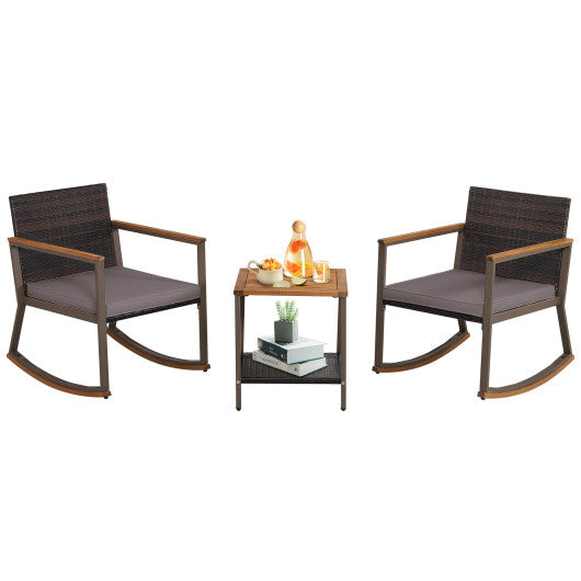 3 Pieces Rattan Rocking Bistro Set with Coffee Table and Cushions-Gray