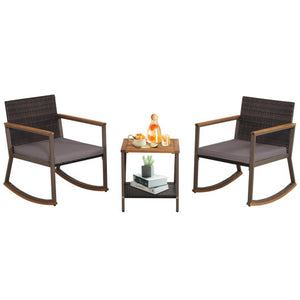 3 Pieces Rattan Rocking Bistro Set with Coffee Table and Cushions-Gray