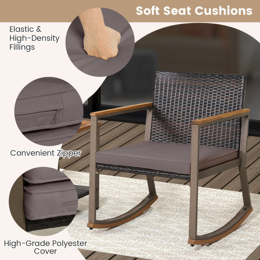 3 Pieces Rattan Rocking Bistro Set with Coffee Table and Cushions-Gray