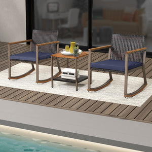 3 Pieces Rattan Rocking Bistro Set with Coffee Table and Cushions-Navy